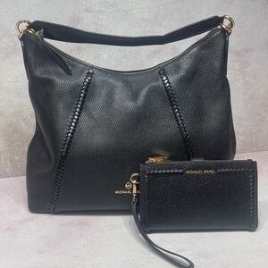 Michael Kors Sienna Black Pebbled Leather Shoulder Hobo & Matching Wristlet
